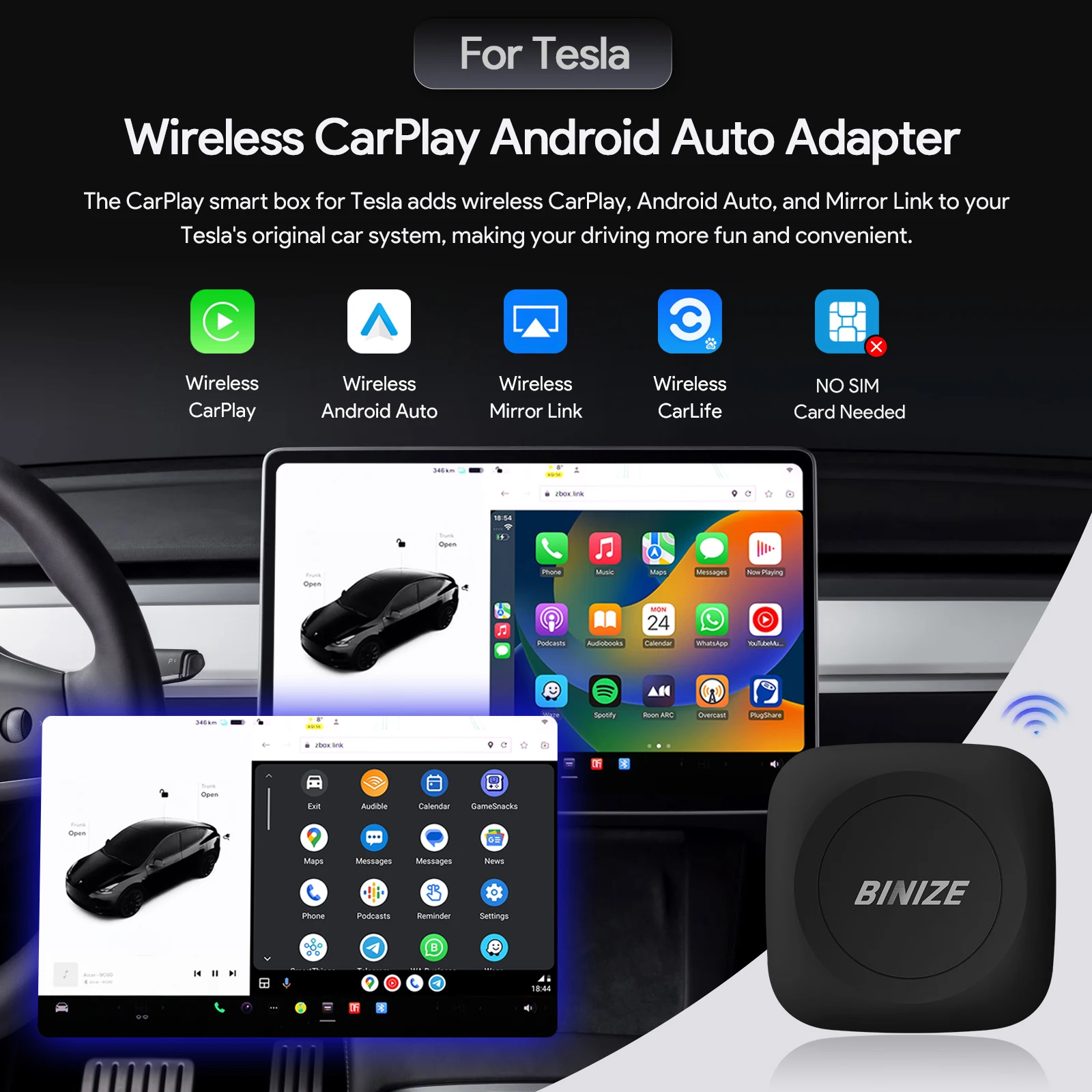 Binize Wireless CarPlay Adapter For Tesla Tesla Model 3 Model Y Wireless Carplay ＆ Android Auto Waze Spotify OTA Upgrade