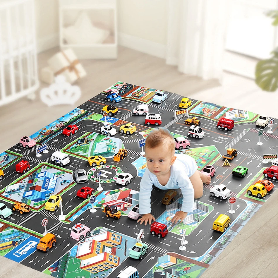 Baby Play Mat Road Map Cartoon Plastic Thin Traffic Rug Kids Toys Educational Mat for Kids Boys Girls