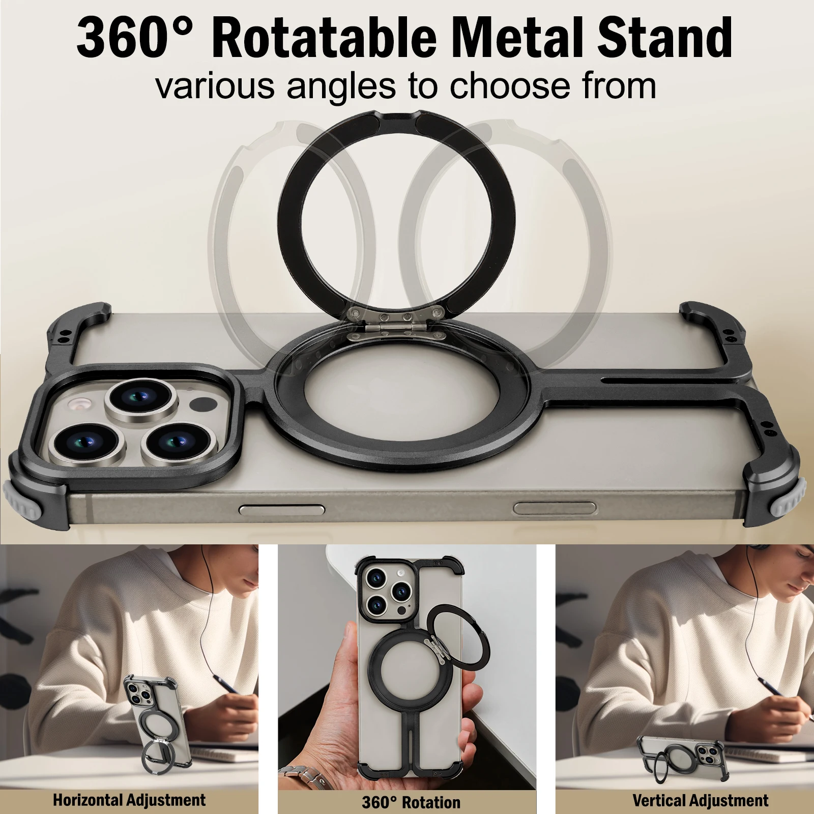 Eary Minimalist Phone Case for iPhone 16 Pro Max with Kickstand 360° Rotatable Magnetic Ring Stand Metal Frameless Bumper Cover