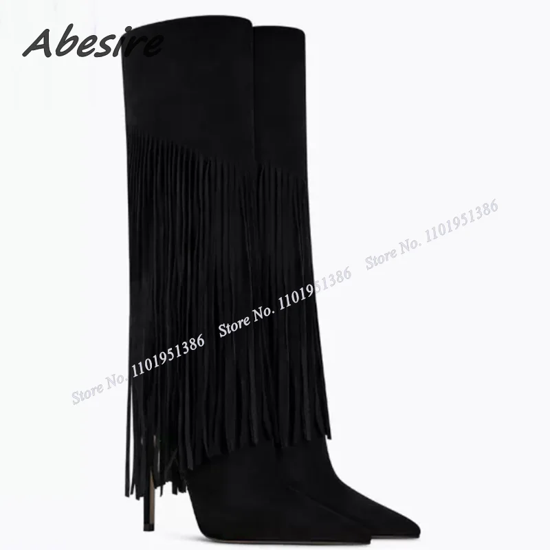 

Abesire Black Fringe Decor Slip on Suede Boots Knee High Pointed Toe Solid Stiletto Shoes for Women High Heel Zapatillas Mujer