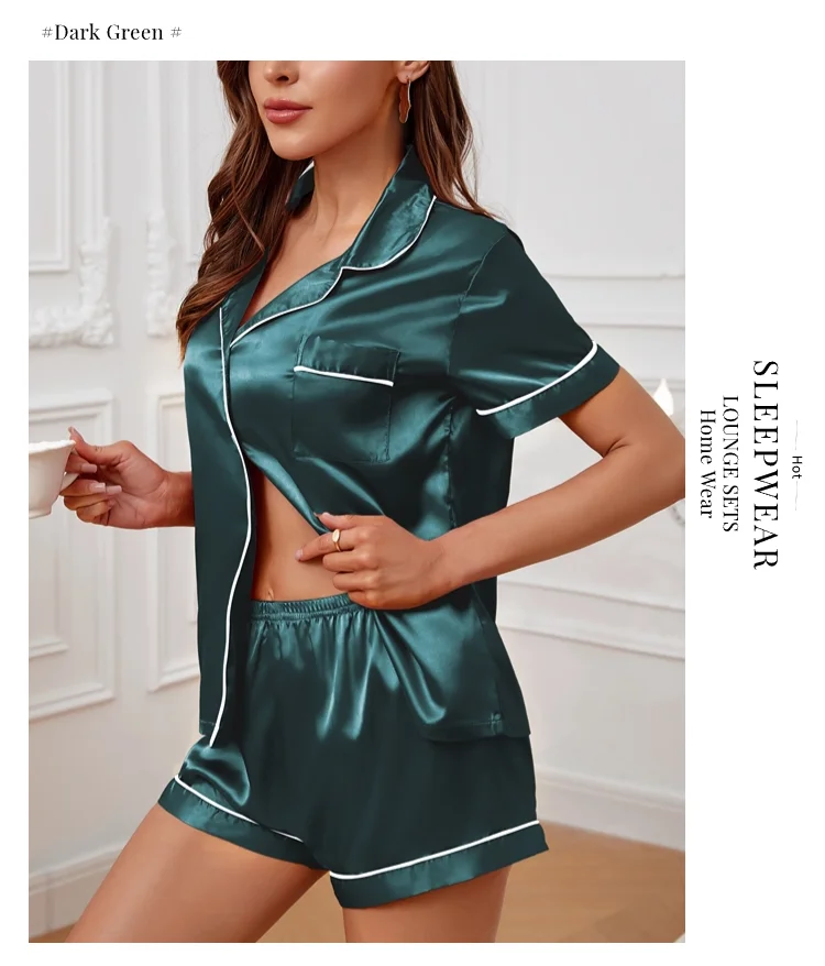 Sommer-Pyjama-Set aus Seidensatin für Damen, Oberteil und Shorts mit Knopfleiste, 2-teilig, Nachtwäsche, gekerbter Kragen, Nachtwäsche, Loungewear für Damen – Detail 25