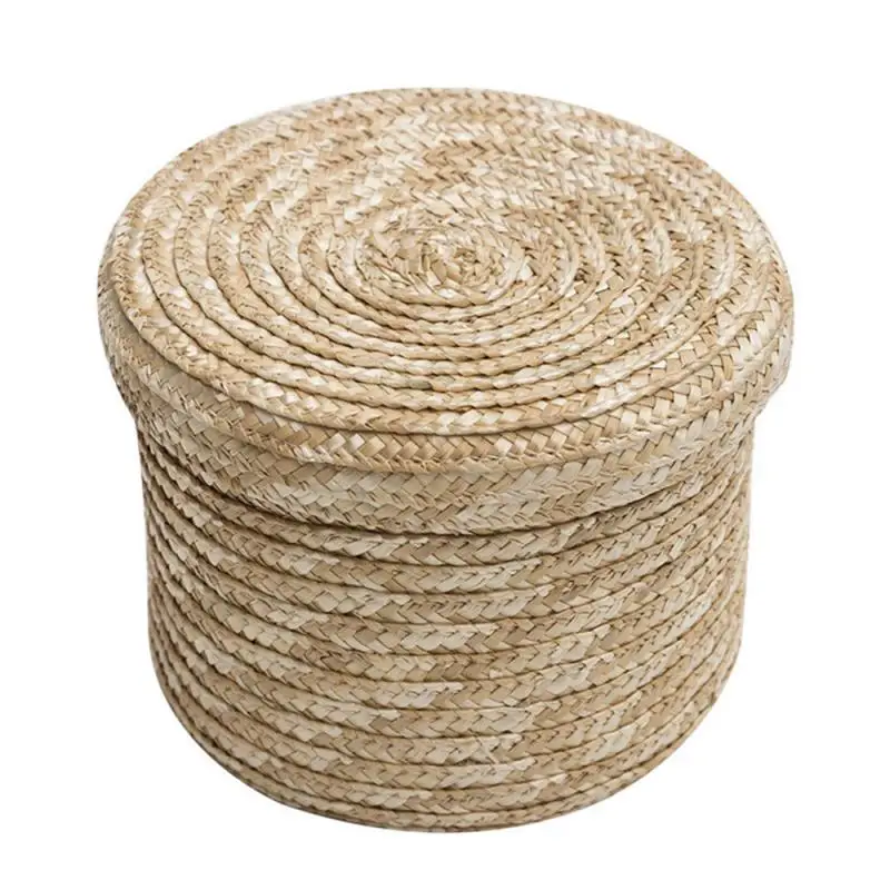 Handmade Straw Woven Storage Basket With Lid Snack Organizer Storage Box Laundry Baskets Rattan Storage Flower Basket 5