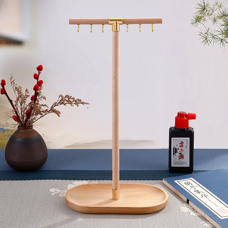Wooden Chinese Brush Pen Holder with Beechwood Base Calligraphy Rest Ink Hanger 6 Hooks Writing Brush Holder School Stationery