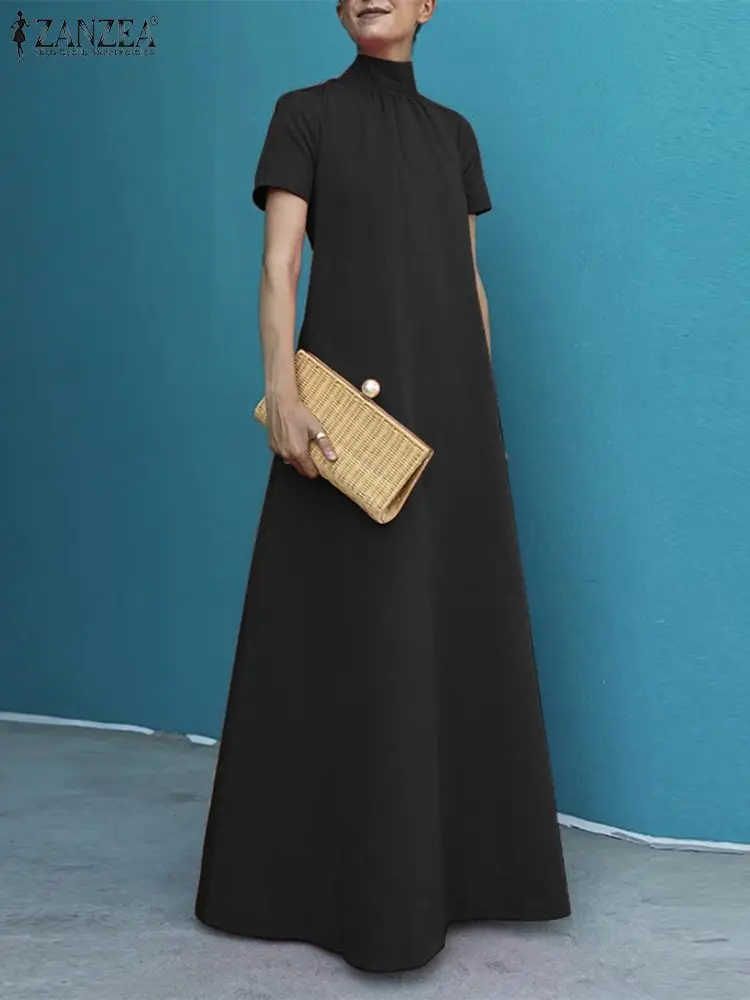 

ZANZEA Elegant Short Sleeve Long Dress High Neck Solid Kleid Robes Women Party Vestidos 2023 Summer Loose Casual Maxi Dress