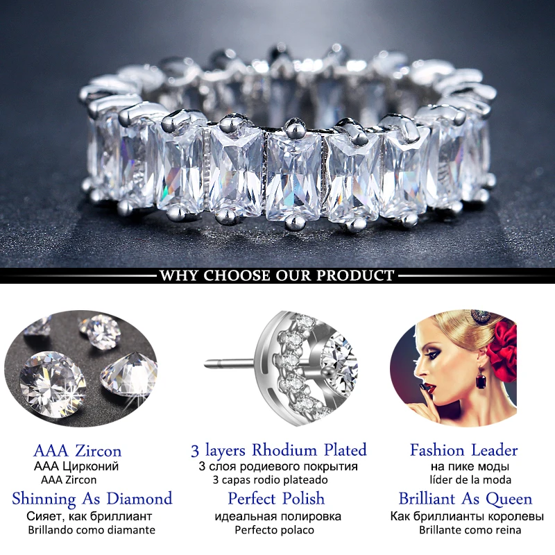 Silver Ring Women Square CZ Rings Paved Austrian Zircon Fashion for Party Engagement Ring Jewelry Gift