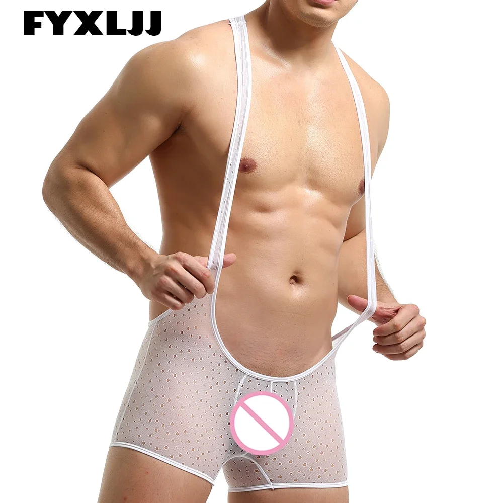 FYXLJJ Men Sexy See-through Mesh Boxers Jumpsuit Breathable Sheer Fitness Wrestling Singlet Leotard Bodysuits Catsuit Nightwear elegant jumpsuit for women party summer casual rhinestone sheer mesh sleeveless jumpsuits skinny outfits fashion ladies suit