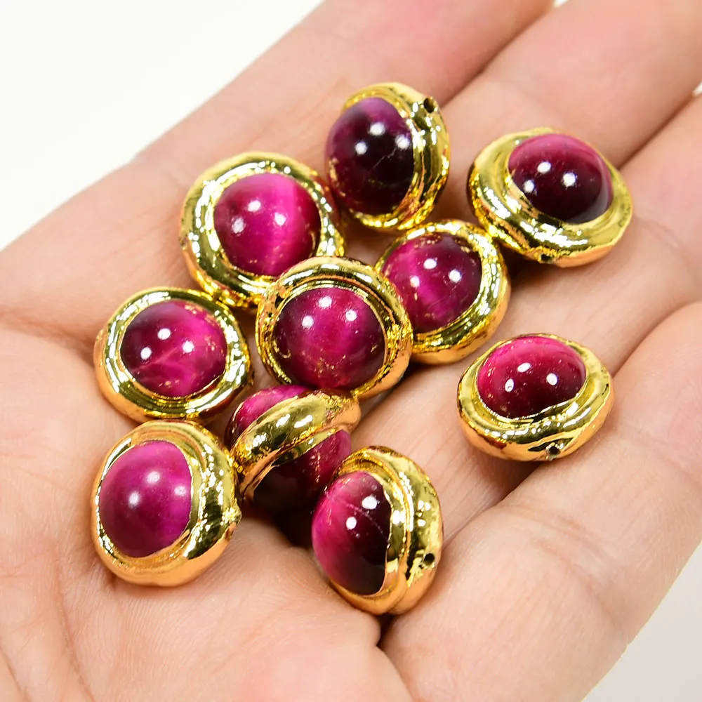 APDGG 10Pcs 16MM Fuchsia Tiger Eye Coloured Glaze Loose Beads Gold Plated Connector Spacer Beads For Necklace Jewelry DIY