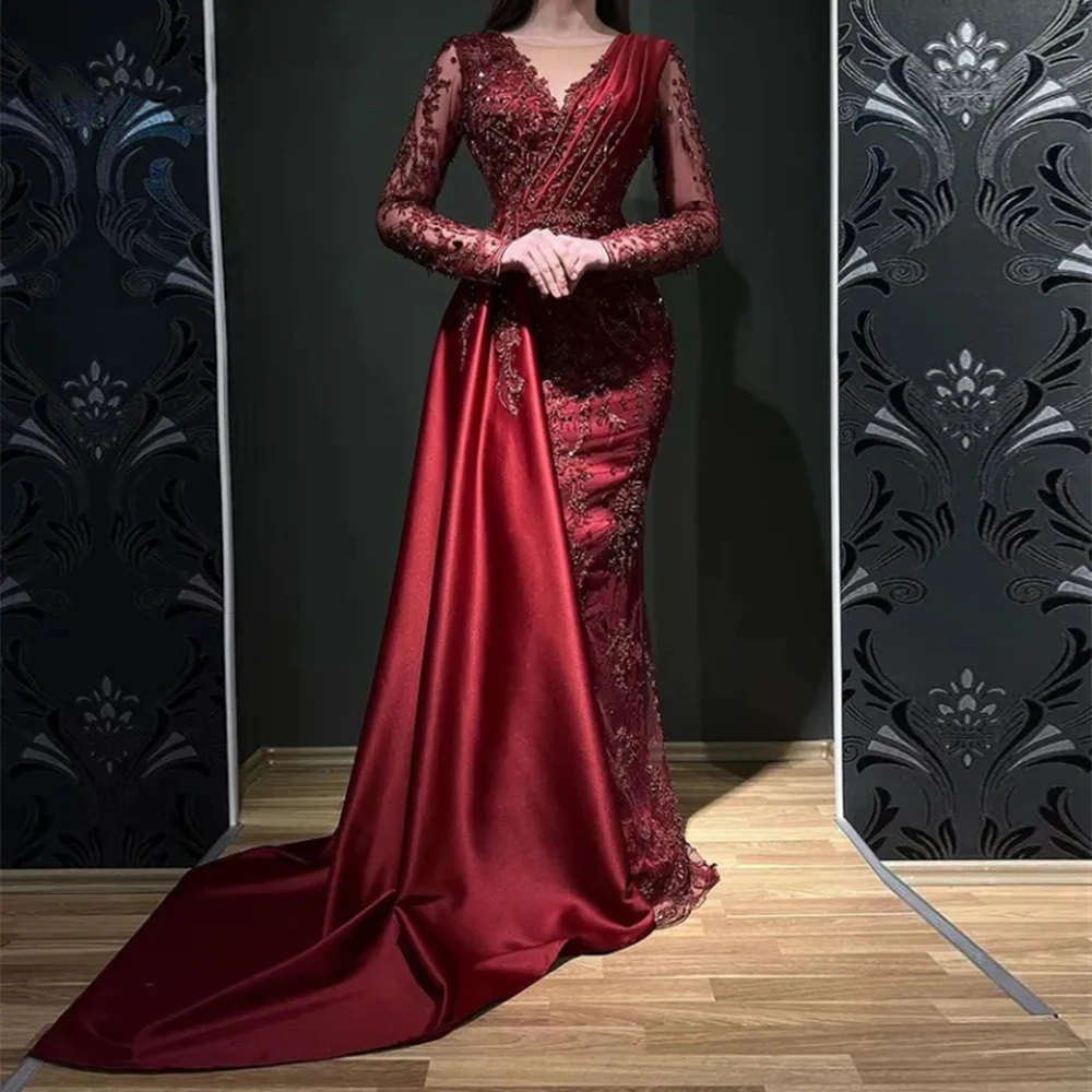 

Wine Red Women's Elegant Evening Dresses Lace Applique Satin Sexy V-Neck Long Sleeve Princess Prom Formal Beach Party Gowns Robe