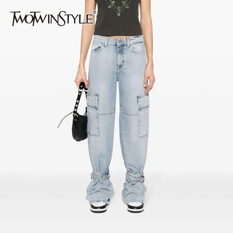 

TWOTWINSTYLE Chic Patchwork Belt Denim Pants For Women High Waist Spliced Pocket Streetwear Full Length Jeans Female Fashion New