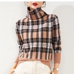 Women's Pullover Striped Plaid Knit Autumn and Winter Fashion High Neck Long Sleeved Patchwork Sweater Loose Office Lady Tops