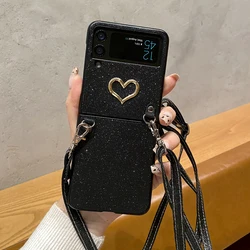 Glitter Bling Crossbody Strap Chain Case with Love Heart Design - Shockproof Fashion Cover for Galaxy ZFlip 7FE (Love1 - Black)
