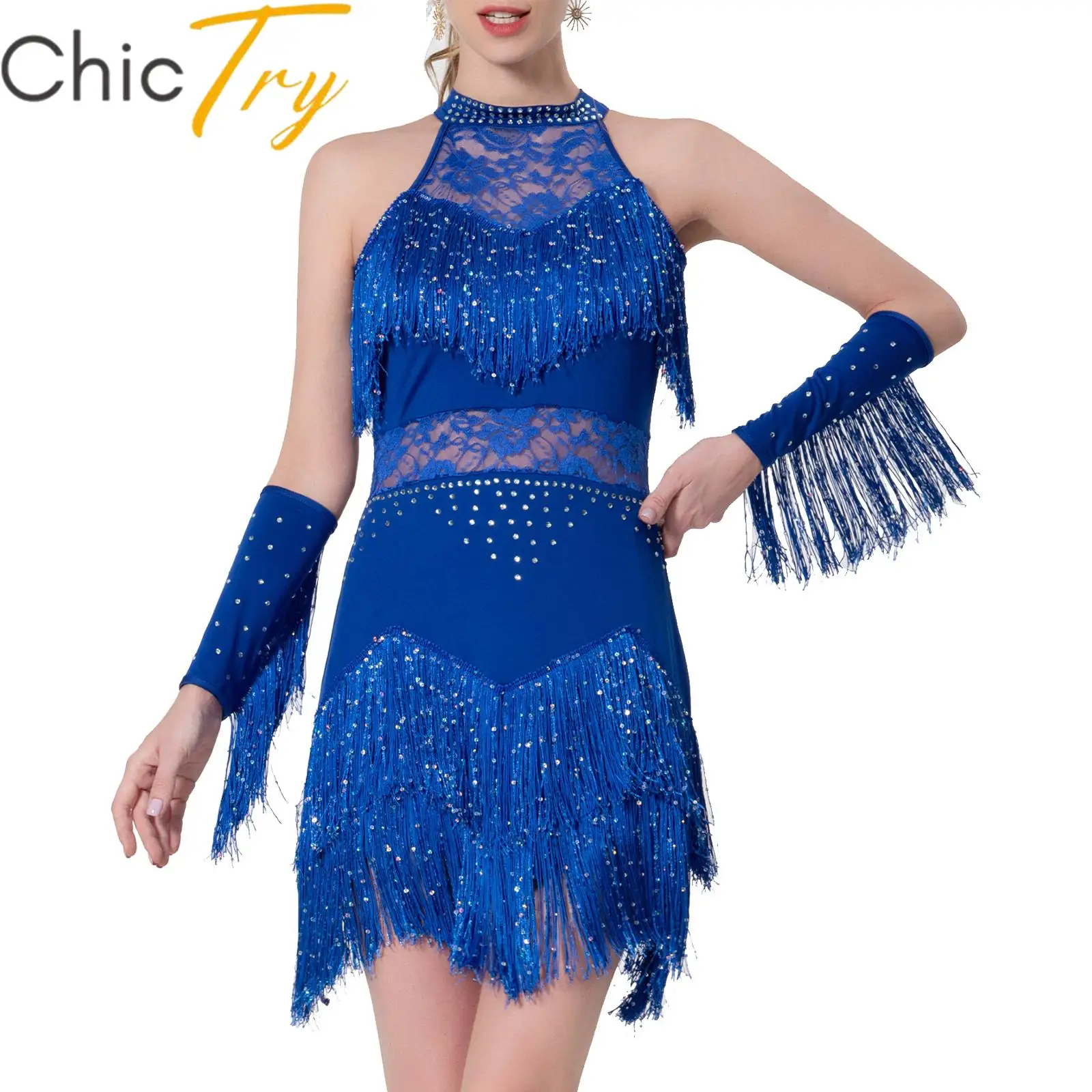 

Womens Glittery Rhinestone Fringed Latin Dance Dress Halter Neck Tango Rumba Ballroom Dancing Costume Tassel Dresses with Cuffs
