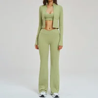 Ensemble de yoga 3 pièces pour femmes, vêtements de sport, ensemble de tenue de sport, vêtements de fitness féminins, leggings à taille haute à fermeture éclair, manches longues, combinaison de sport 6