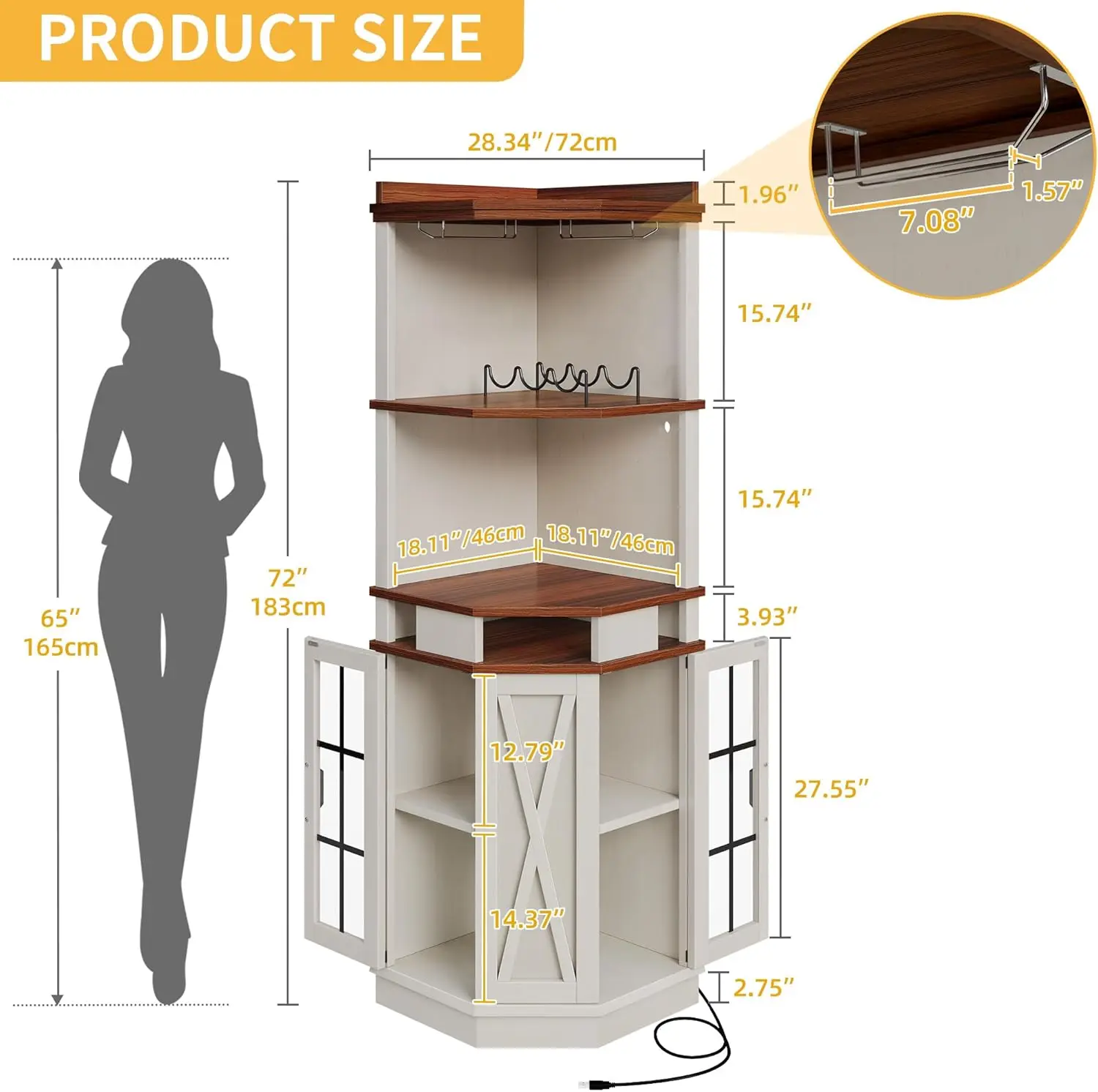 Corner Bar Cabinet with Glass Door & LED Lights, 72" Tall Farmhouse Liquor Cabinet Bar with Glass & Wine Holder, 6-Tiers Alcohol