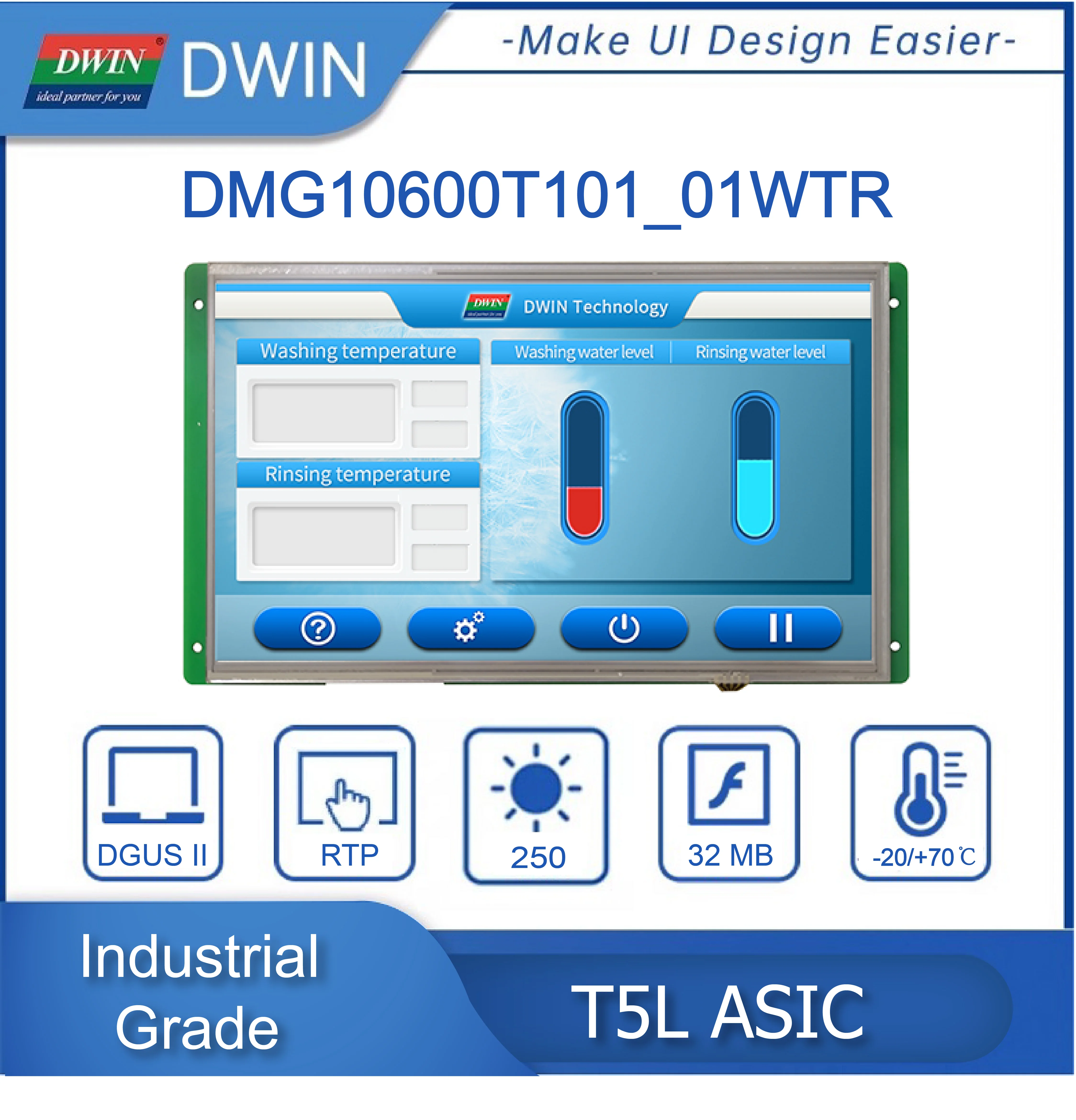 10.1-inch, 1024*600 Pixels Resolution, 16.7M Colors, IPS-TFT-LCD Display With Conformal Coating. DMG10600T101_01W