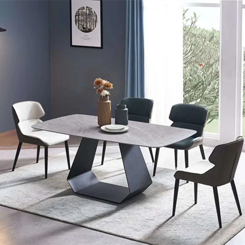 

Rock slab dining table simple rectangular light luxury stainless steel dining table and chairs high-end villa furniture