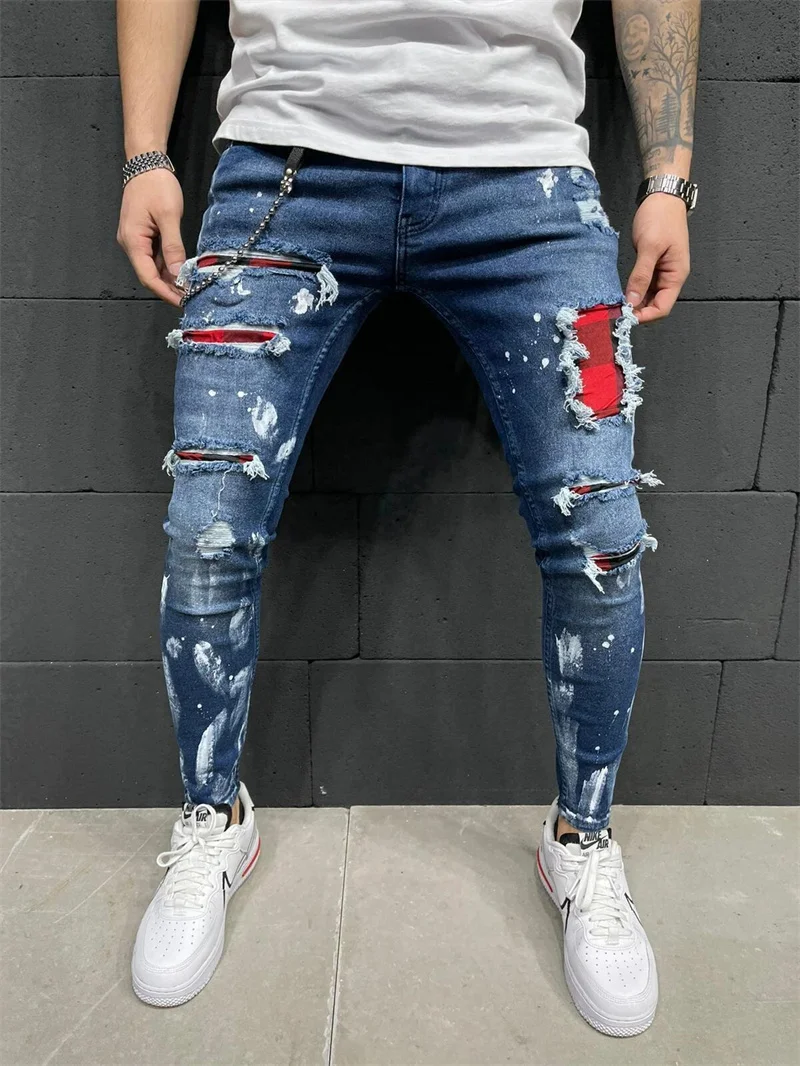 Fashion Broken Holes Lining Plaid Splicing Pencil Pants Men Casual Slim Skinny Tight Stretch Jeans Teenage Style Daily Trousers american style men s sexy leisure skinny pantalons fashion casual long pants stylish incerun male stretch leather trousers s 5xl