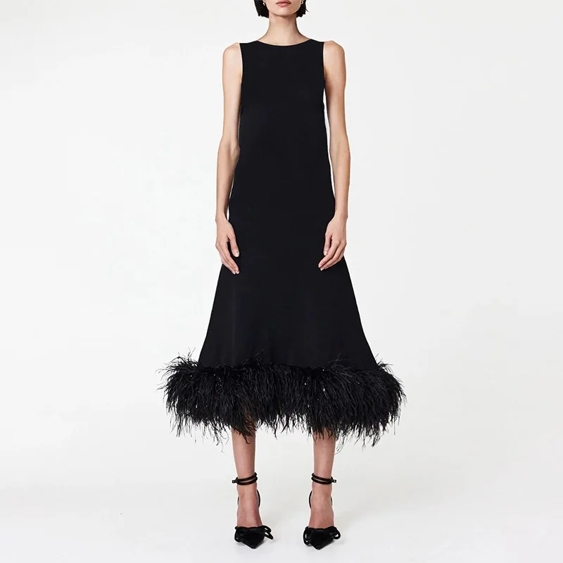 

Women's White Dress Spring 2023 New Round Neck Sleeveless Loose Casual Hem Feather Long Skirt Wedding Dresses for Women