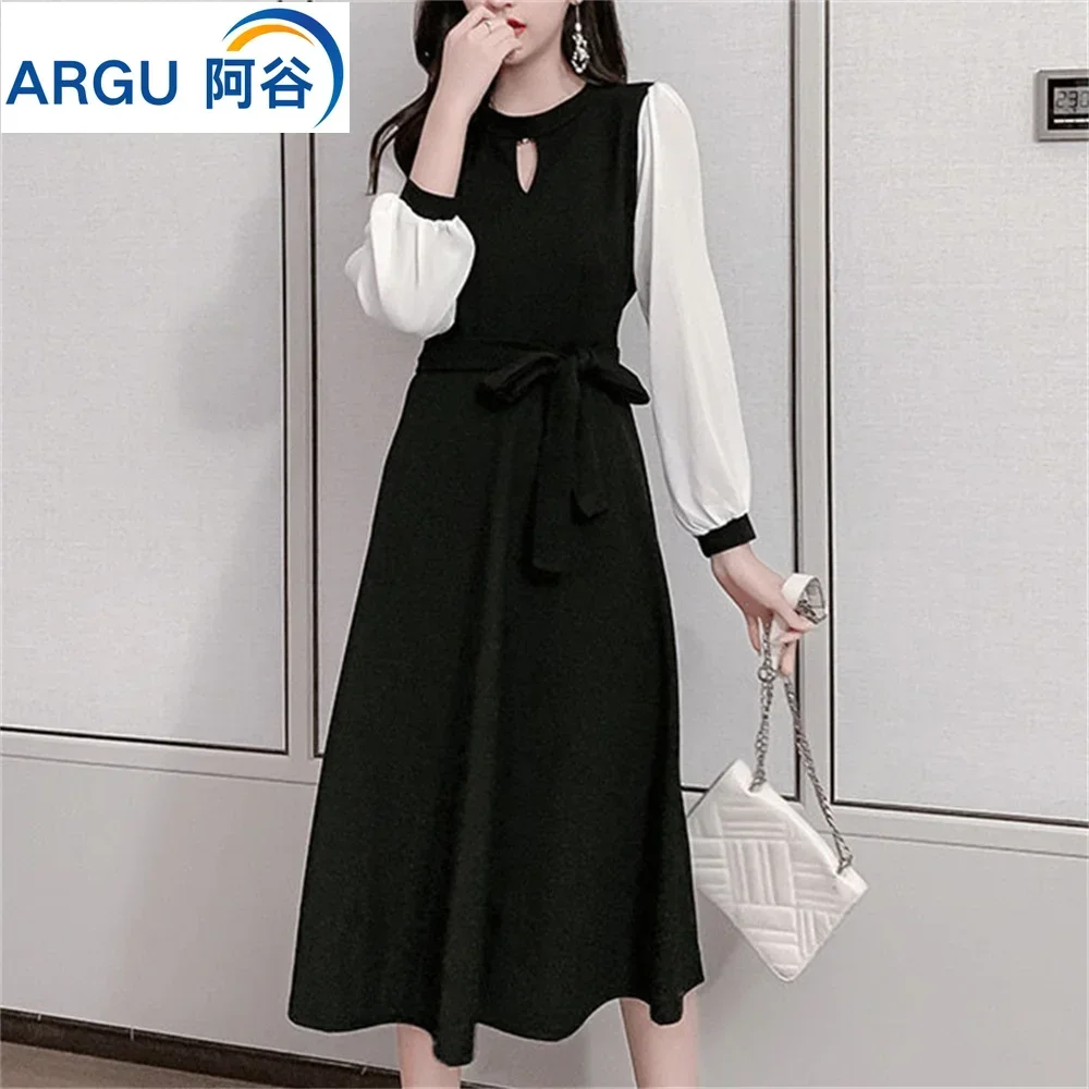 

Autumn New Korean Fashion Long sleeved Dress Women Slim Fit Waist Wrapped Slim Temperament Small Black Skirt Mid Length Women