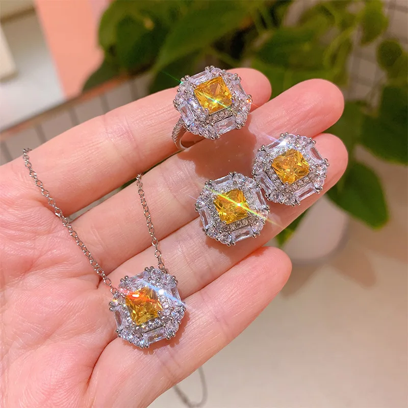 

Luxury Yellow High Carbon Diamond Square Exquisite Necklace for Women Earring Adjustable Ring Jewelry Wedding Anniversary Gift