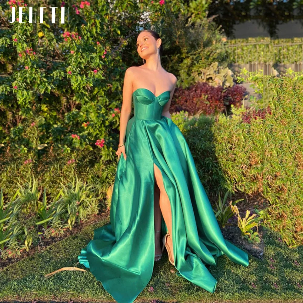 

Green Strapless Satin Side Split Evening Dress for Women Elegant Sawetheart Backless A Line Prom Party Gown Floor Length