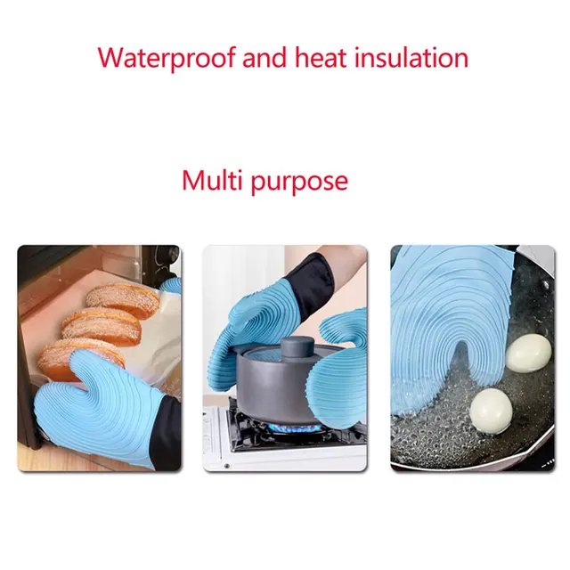 Set di guanti da forno in silicone resistenti al calore, fodera in poliestere morbido, guanti spessi flessibili lunghi impermeabili per la cucina 6