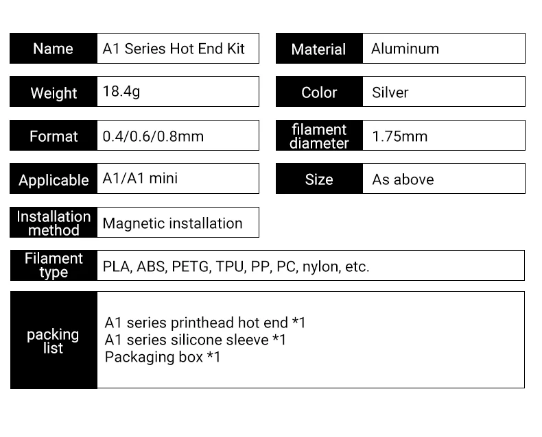 Hotend-Kit für Bamboo A1/A1 Mini/A2L, einteilige Edelstahldüse, Hotend 0,2/0,4/0,6/0,8 mm für A1 A1Mini 3D-Drucker – Detail 11