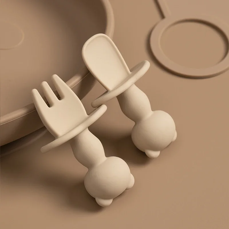 Silicone Feeding Spoon Silicone Cutlery Set Learning Spoons Fork Spoon Set Baby Cutlery Soft Silicone Baby Training Fork Spoon Set BPA Free Kids Dishes Infant Learning Tableware 2Pcs/Set