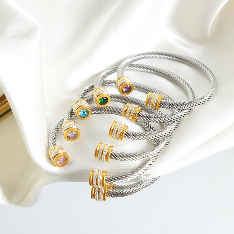 

ALLNEWME Dainty Colorful CZ Cubic Zirconia Bangles for Women Gold Silver PVD Plated Stainless Steel Cuff Bracelets Accessories