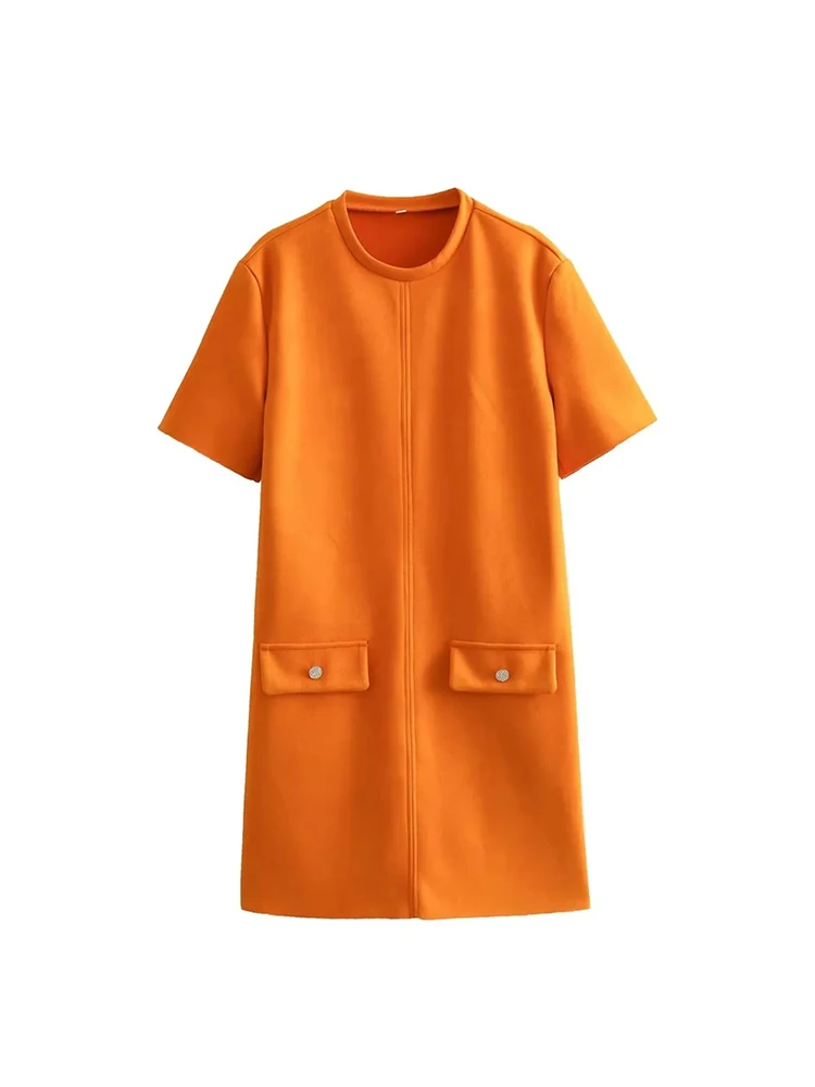 

Girls Fashion Two Pearls Buttons Pockets Orange Short Straight Dress Womens O-Neck Short Sleeveless Autumn Soft Suede Mini Dress