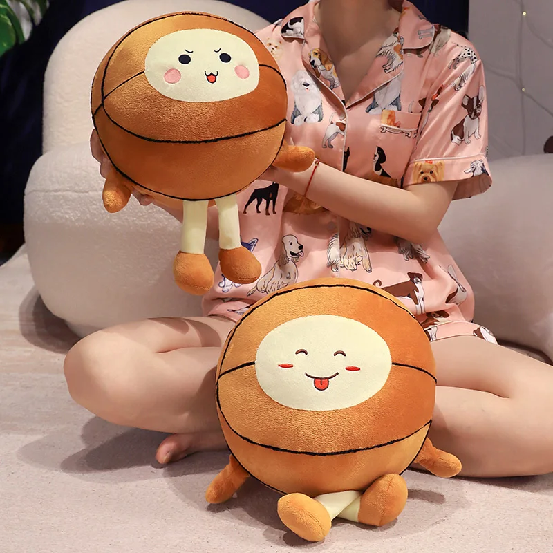 귀여운 얼굴 농구 공 봉제 장난감, 다크 브라운 컬러 스포츠 봉제 인형, 팔과 다리, 어린이 인터랙티브 선물, 25x25cm