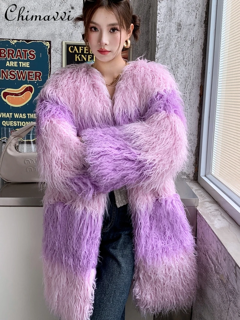 

Pink Purple Faux Fur Coat 2023 Winter High-End V-neck Stitching Contrast Color Mongolia Sheep Fur Jacket Mid-Length Warm Clothes