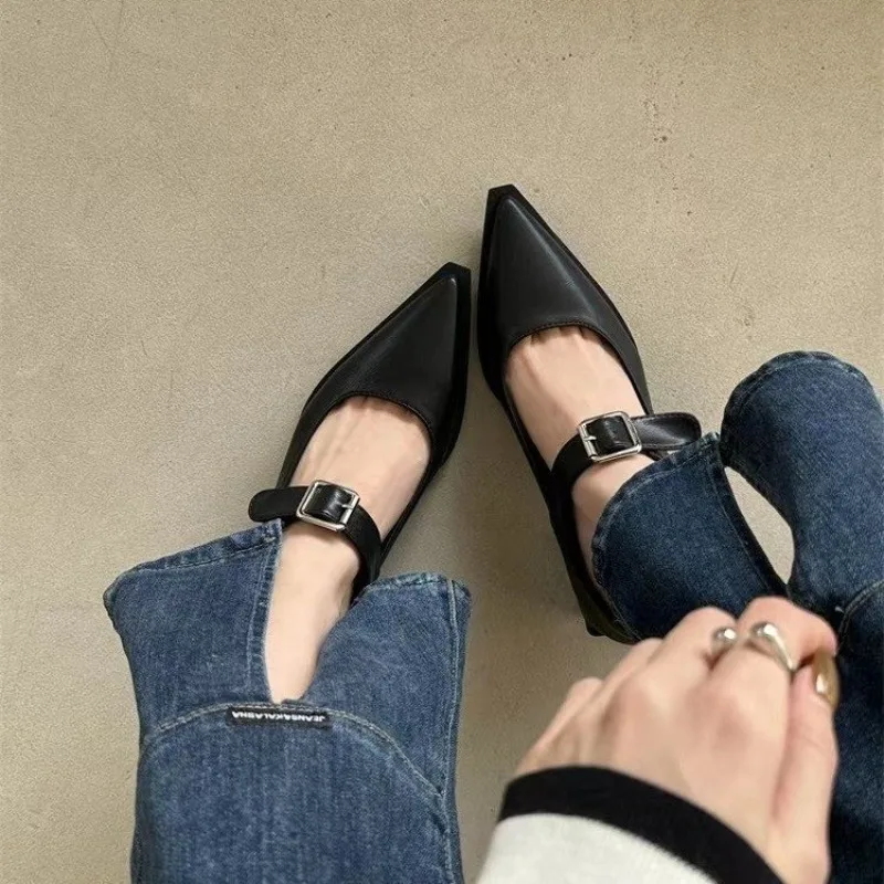 New Fashion Sexy Banquet Comfortable Pointed Toe Buckle Sandals Women's Solid Color High Heels Leather Shoes Zapatos Mujer