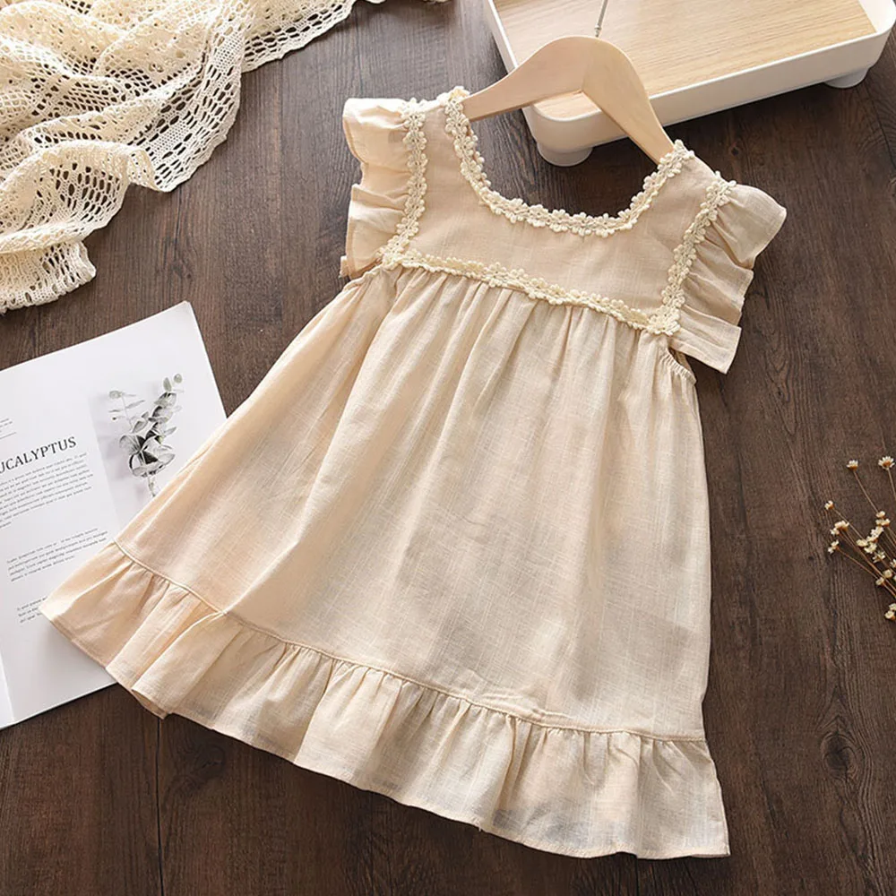 Bear Leader Girls Flower Embroidered Dress Summer Retro Flying Sleeve Princess Dresses Children Casual Clothes Fashion 2-6 Years Dresses