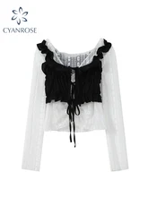  Sexy Women's Blouse White Hollow Out Mesh Black Ruffle Lace Up Draped Vest 2022 Summer Chic Vintage Casual Korean Shirt Female 