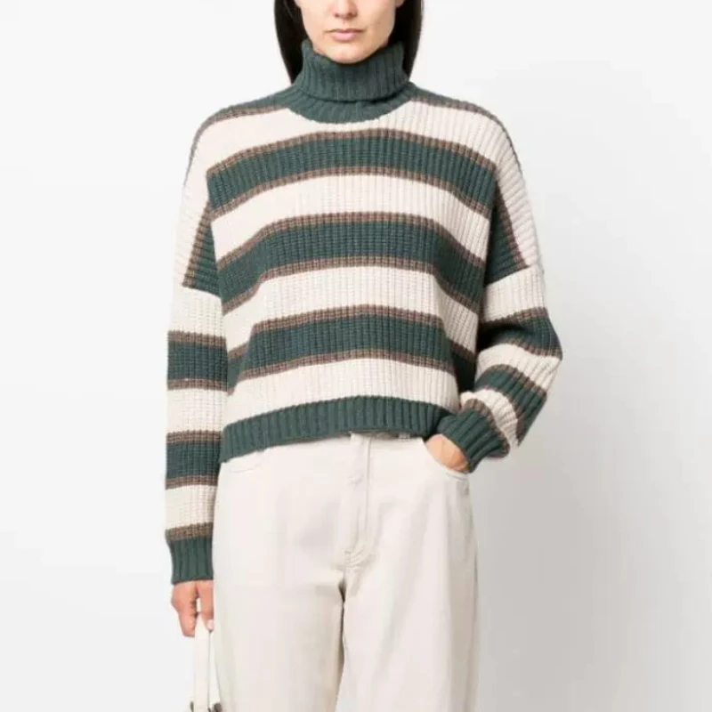 

2023 Autumn and Winter New Women Striped Turtleneck Cashmere Loose Pullover Bottoming Sweater