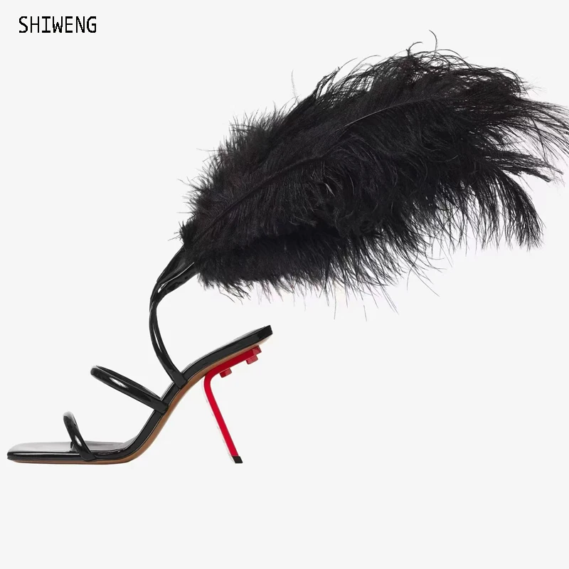 

2024 Sexy Feather Decor Women Sandals Ankle Tied Cover Heel Stilettos Runway Design High Heels Party Shoes Woman 42