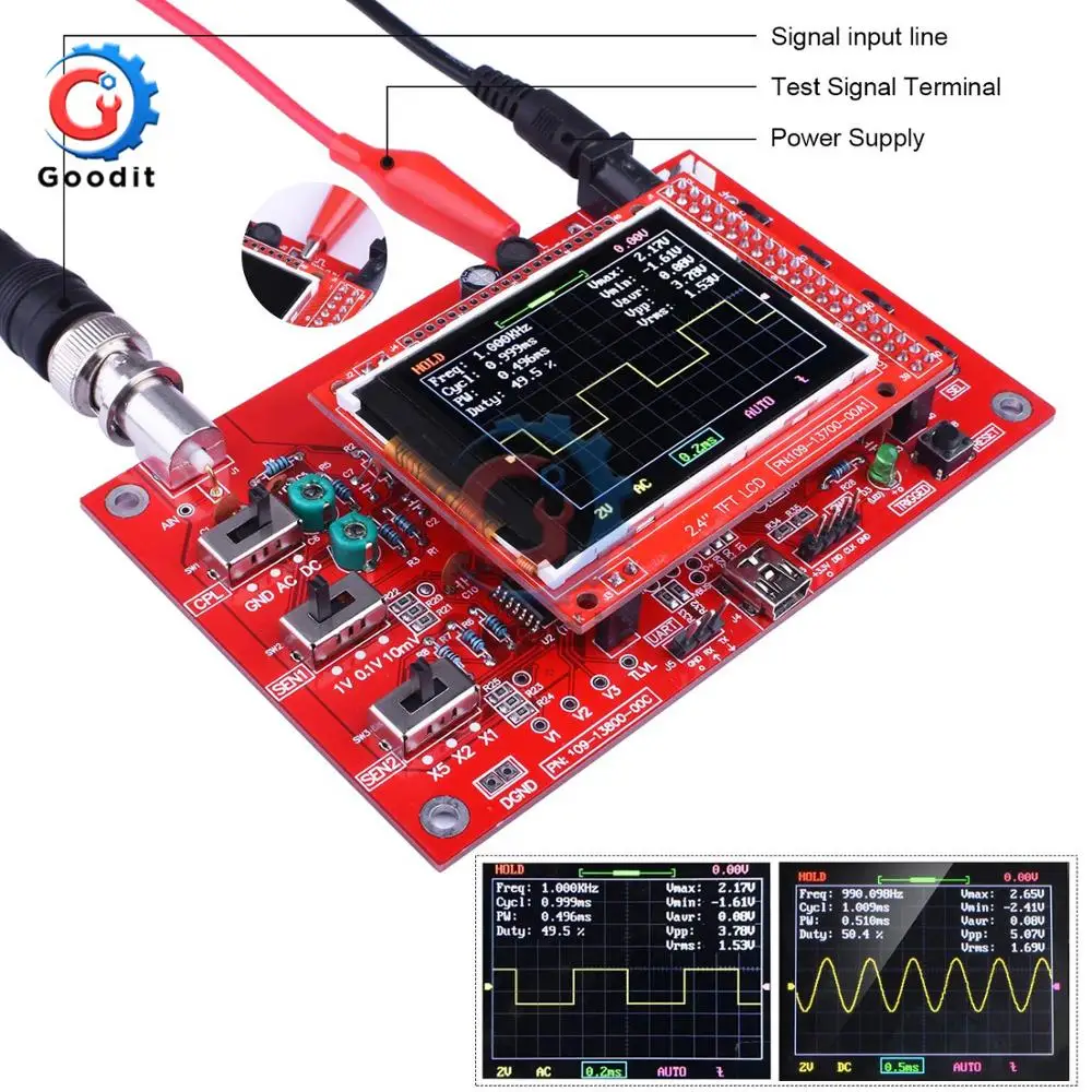 DSO138 LCD Digital Display Oscilloscope DIY Open Source Oscilloscope Fully Assembled Alligator Probe Test Clip Acrylic Case