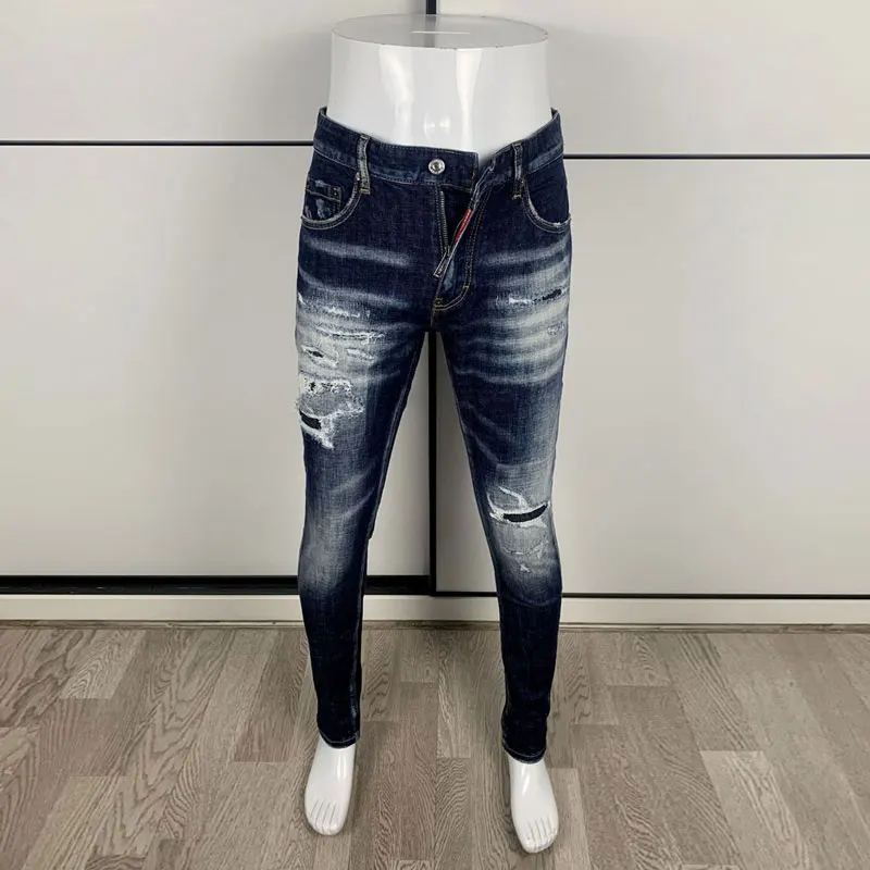 Street Fashion Men Jeans High Quality Retro Washed Blue Stretch Slim Fit Ripped Jeans Men Patched Designer Hip Hop Brand Pants