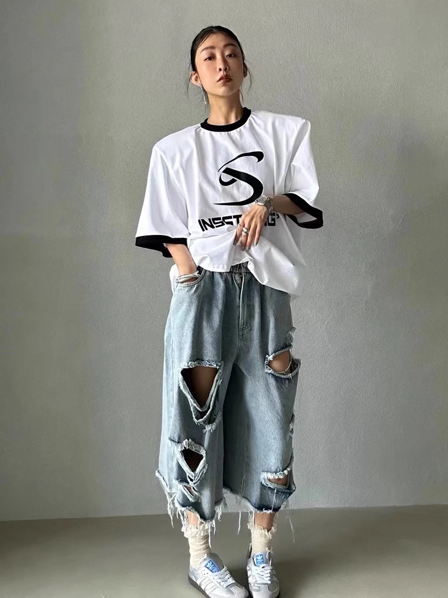 REDDACHIC 라이트 워시 찢어진 데님 반바지 남녀공용, 블루 탄성 허리 찢어진 구멍 닳은 헐렁한 청바지, 빈티지 Y2k 스트리트웨어