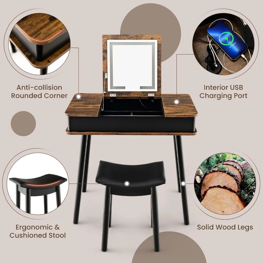 Vanity Desk w/ 3-Color Lighted Flip Top Mirror,7 Storage Compartments,Makeup Dressing Table Set Writing Desk w/ Cushioned Stool 5