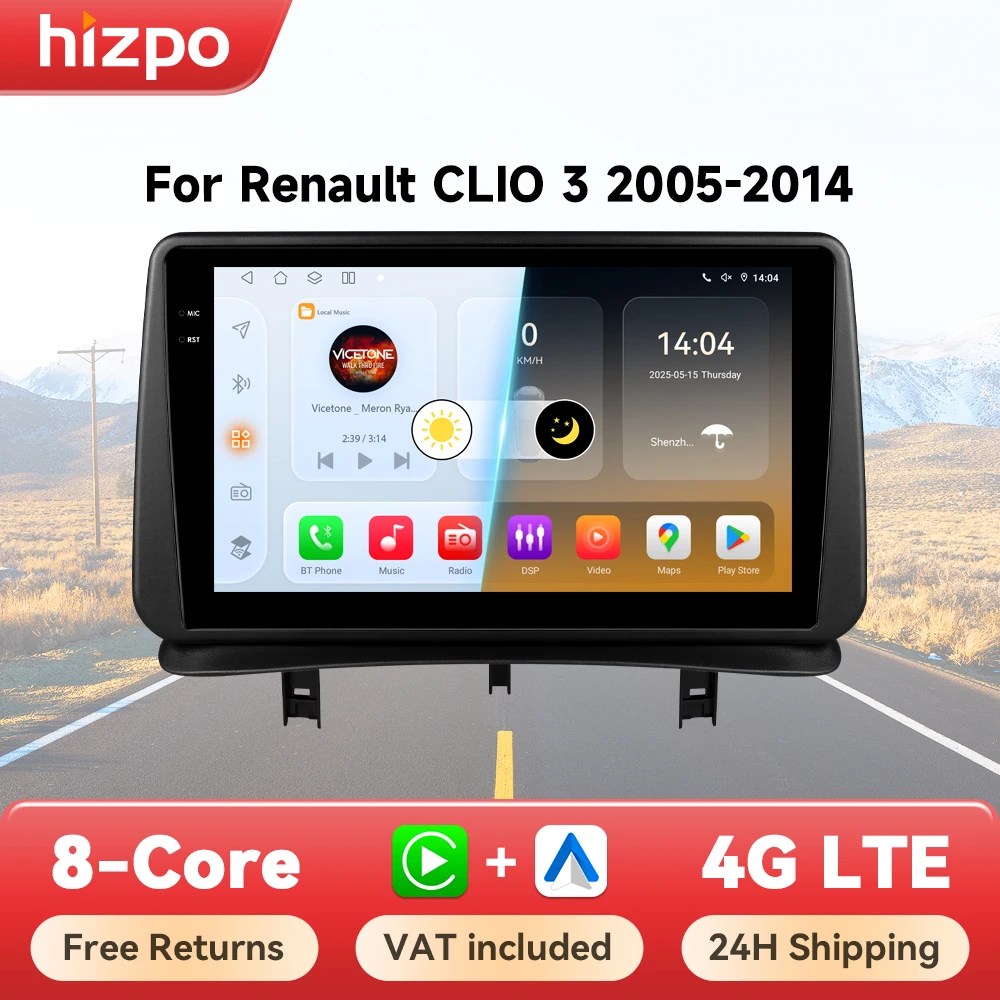 Hizpo Autoradio para Renault Clio 3 2005 2006 2007-2014 reproductor Multimedia inalámbrico CarPlay Android Auto estéreo GPS 4G 1