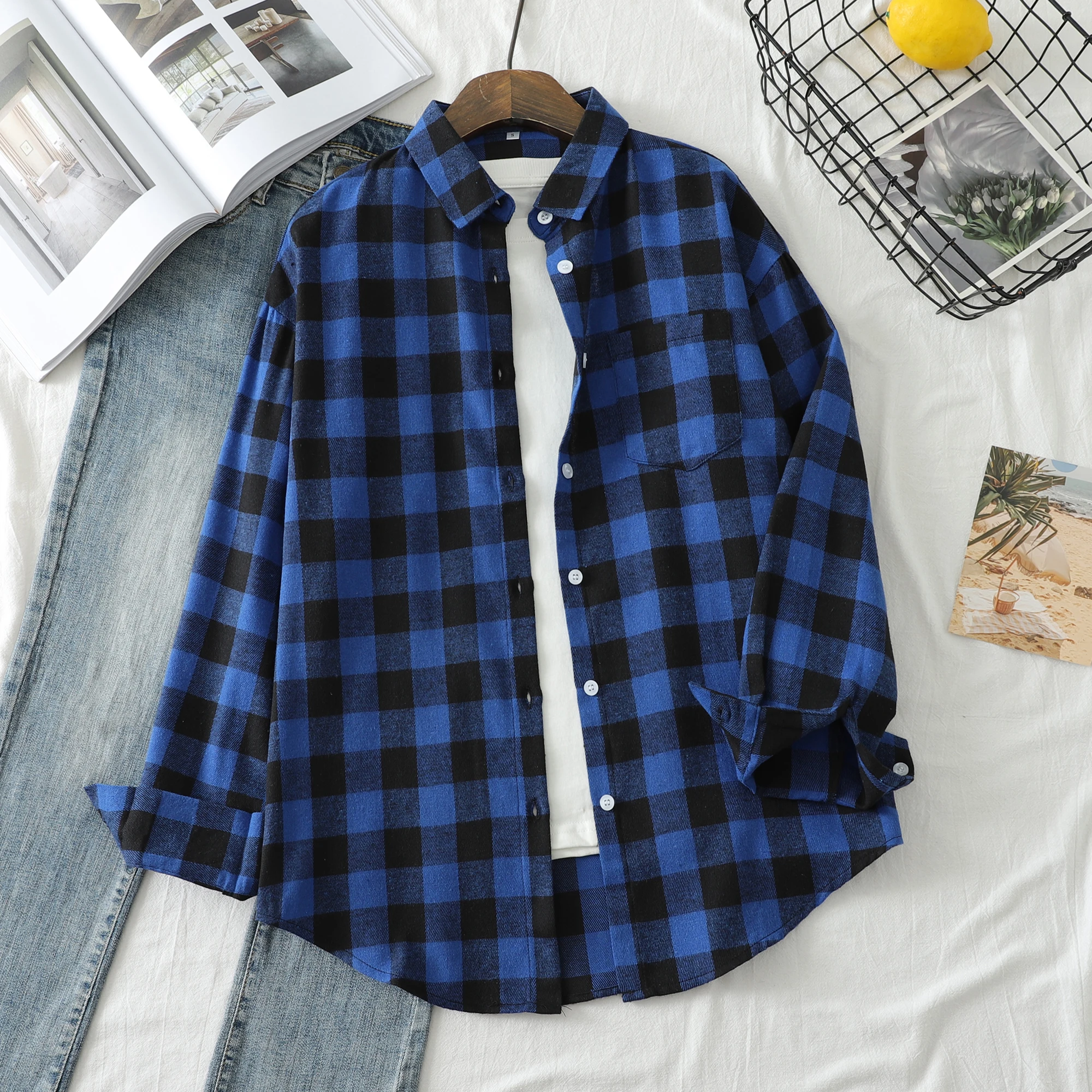 2023 Chic Women's Plaid Loose-Fit Long Sleeve Blouse - Fresh College Style