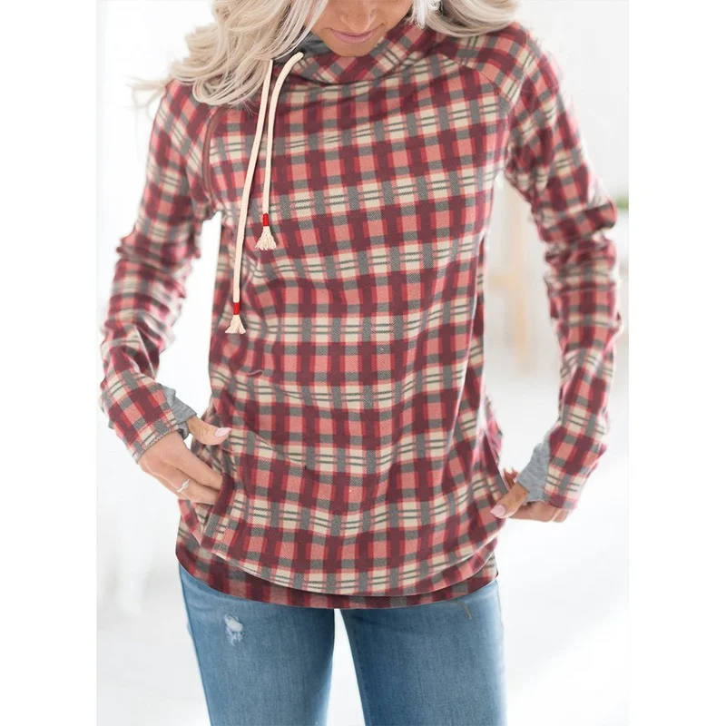 Women Long Sleeve Drawstring Hooded Pullover Plaid Print Turtleneck Hoodies Sweatshirt Autumn Winter Zip Patchwork Casual Jumper