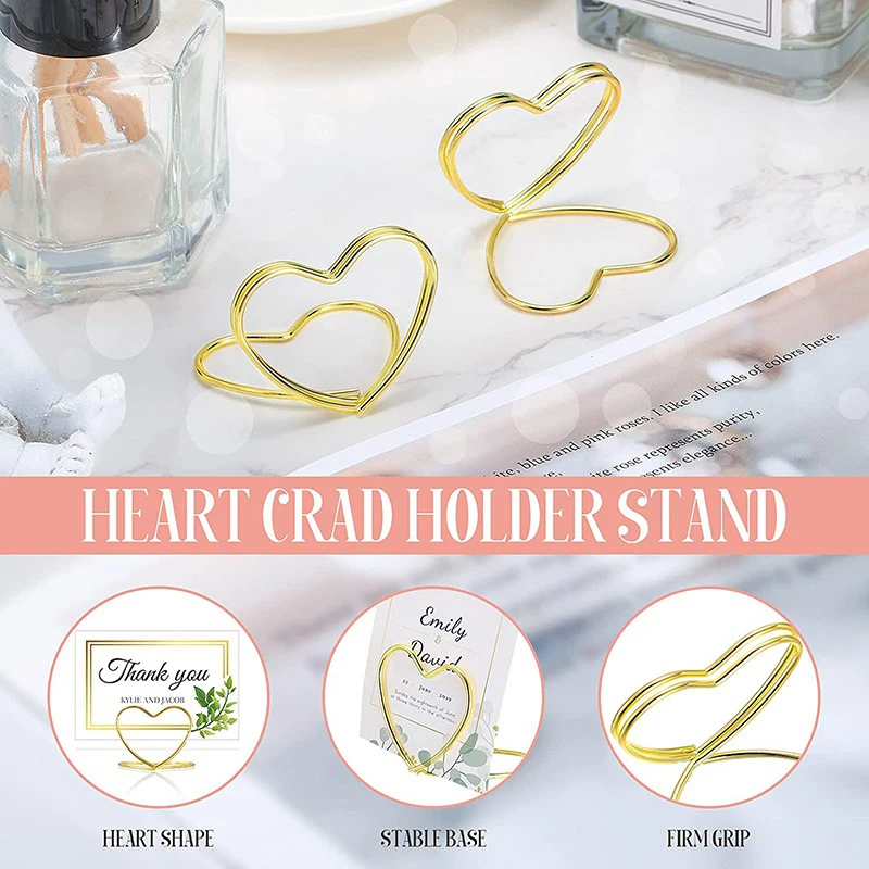 10PCS Metal Place Card Holders Golden Heart-shaped Photo Clip Wedding Table Number Name Sign Stand For Banquet Party Supplies
