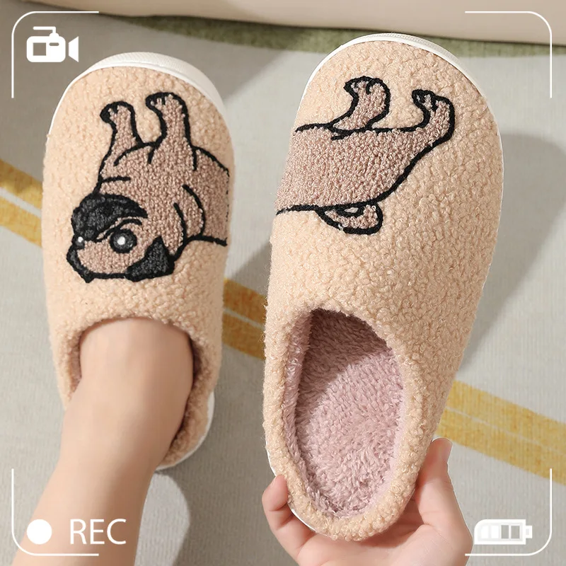 Pet Pattern Pug Pug Embroidery stuffed Home Platform Cozy Furry Cotton Slippers Cute Warm Non-slip Indoor Slippers Pet Mom Gift 2