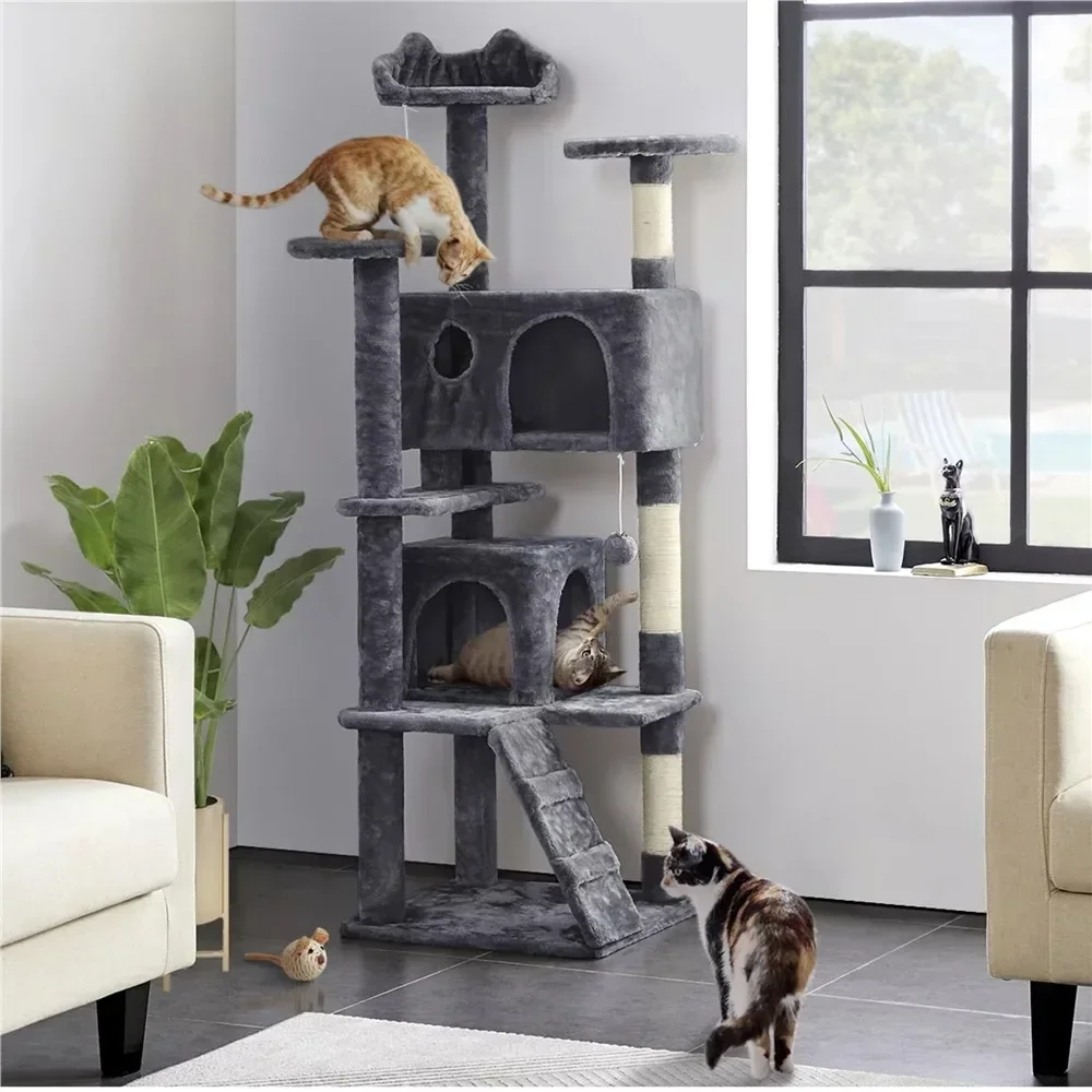 

61.5''H Double Condo Cat Tree with Scratching Post Tower, Dark Gray Cat Condo Cat Furniture