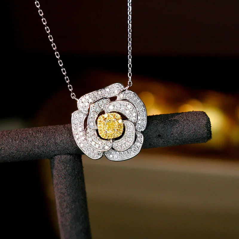 LUOWEND 18K White Gold Pendant Necklace Real Natural Yellow Diamond Pendant Luxury Rose Necklace for Women Wedding Party