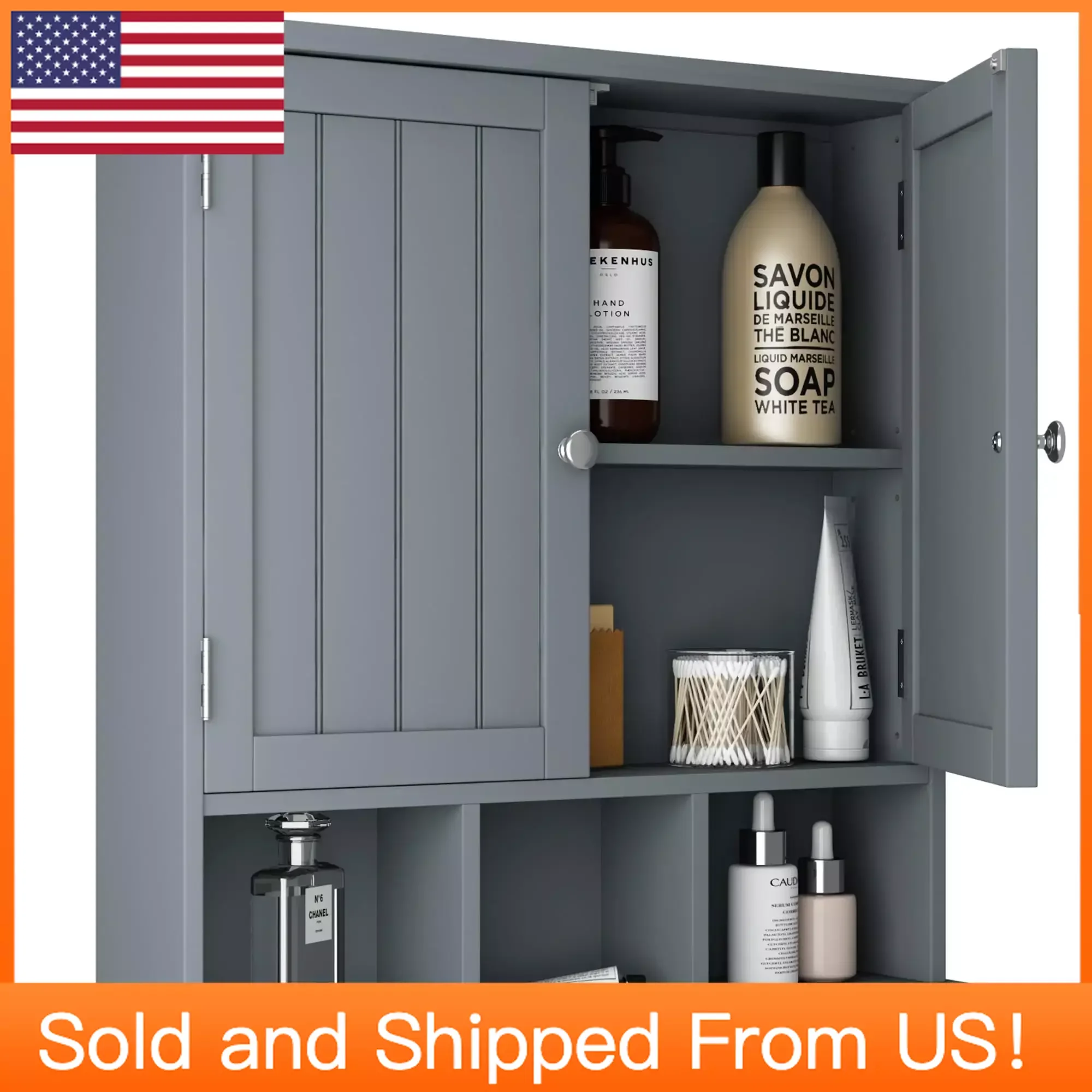 

Bathroom Cabinet Wall Mounted - 2-Door with 3 Open Shelves, Wooden, Adjustable Shelf, Grey