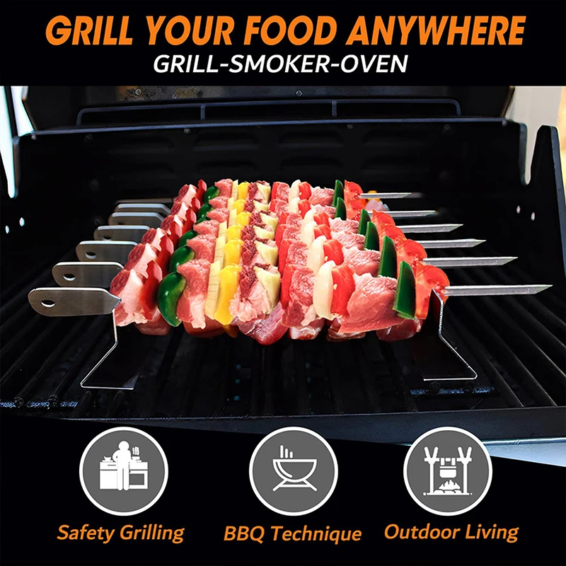 2 PCS Skewer Holder Anti-slip Groove Stainless Steel Heavy Duty Long BBQ Tools Barbecue Grilling Shish Kabob Rack Outdoor Tools